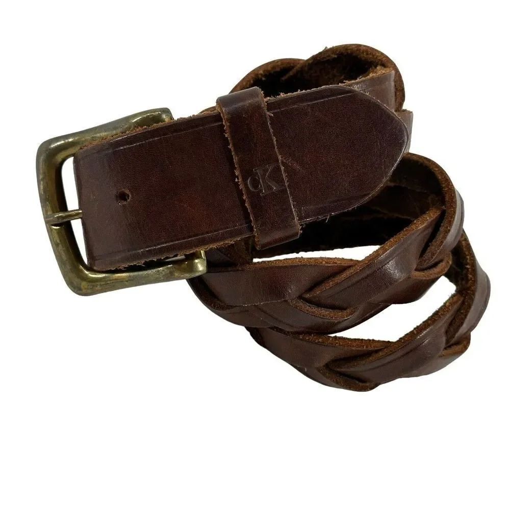 Calvin Klein Genuine Leather Belt Brown Woven Braided Womens Size S Classic Boho